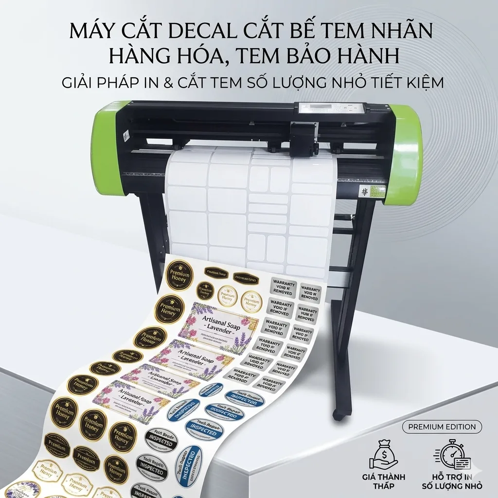 Máy Cắt Decal Cắt Bế Tem Nhãn Hàng Hóa, Tem Bảo Hành – Giải Pháp In Tem Số Lượng Nhỏ Tiết Kiệm
